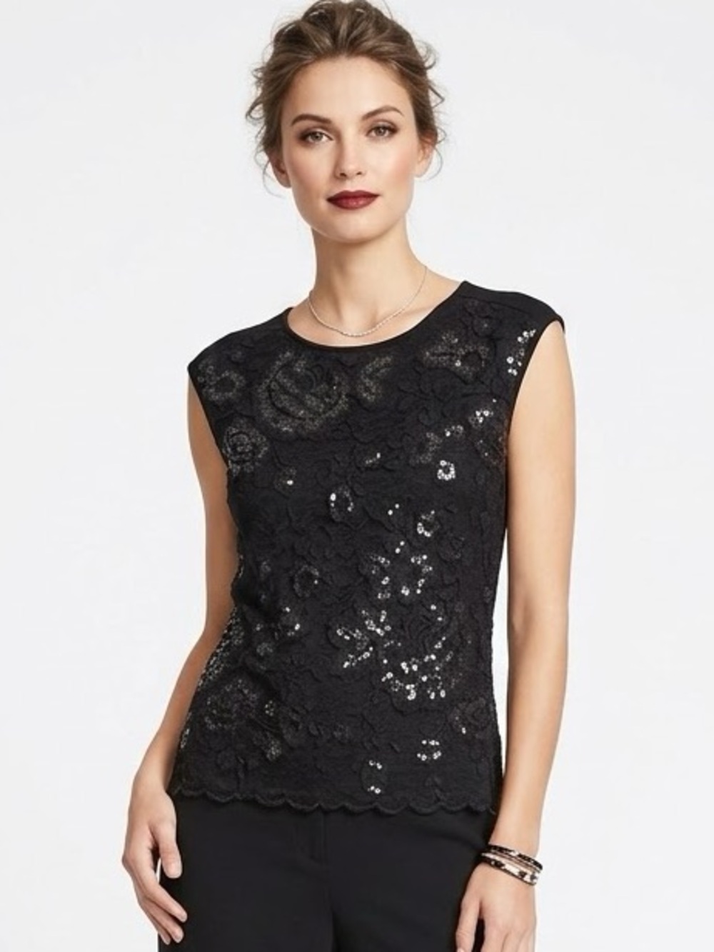 NWOT Vince Camuto Sequin Lace Rich Black Sleeveless Blouse Holiday Party Top